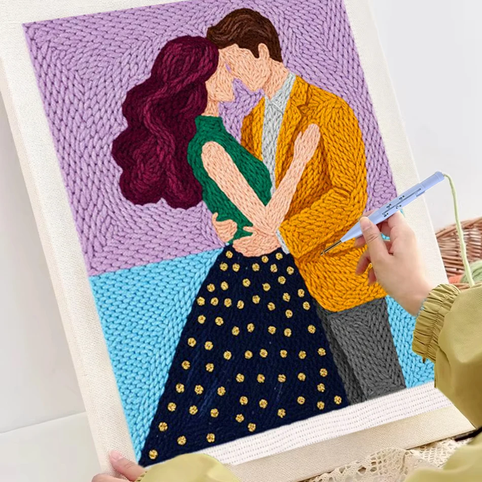 

Наборы для вышивания в технике панч-нидл для начинающих: Романтическая пара с рамкой, стартовый набор для вышивания панч-нидл для взрослых, 25x30 см, подарок своими руками