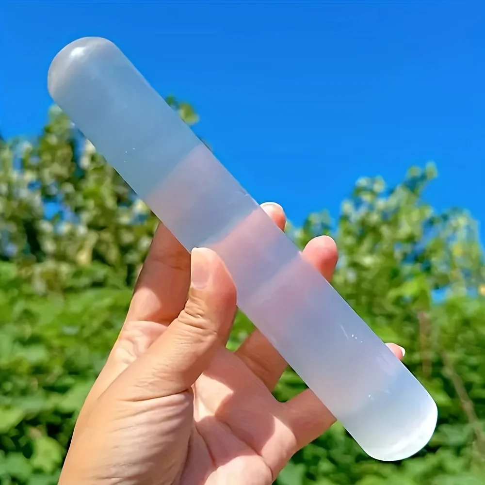 1 Natural Gypsum Crystal Massage Wand - Handcrafted translucent white Bohemian stone for meditation and holistic therapy
