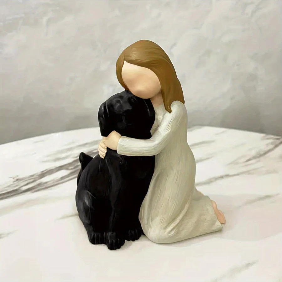 Cute Girl Embracing Dog Resin Sculpture- Modern Minimalist Home Decor for Dog Lovers