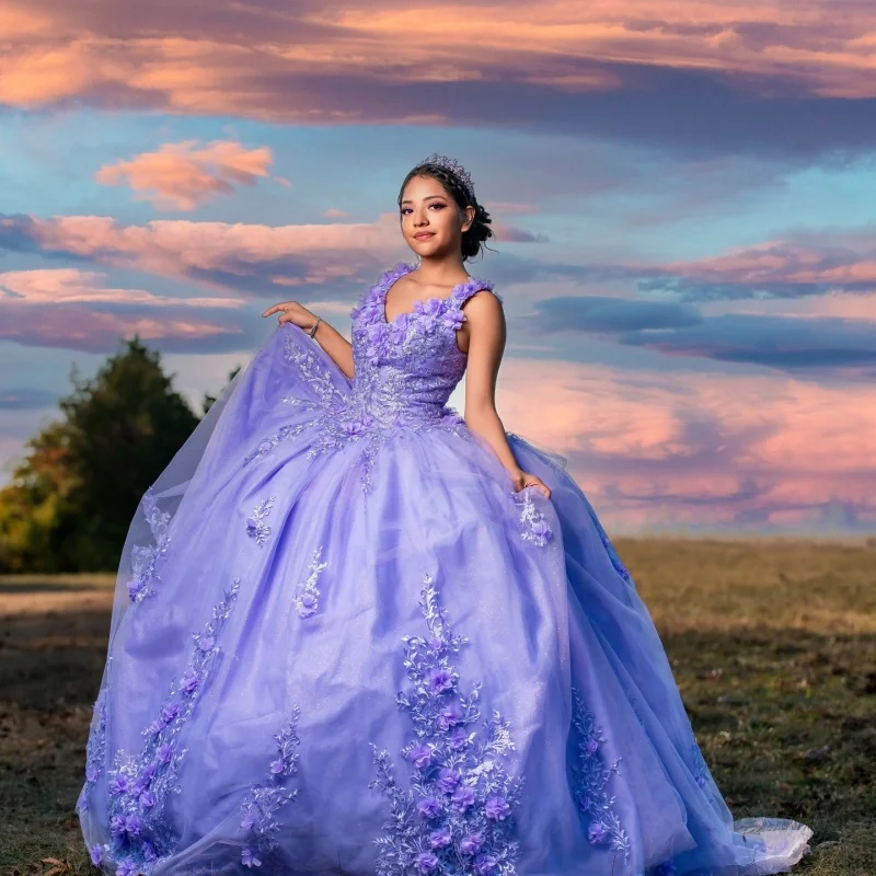 

Shiny Purple Quinceanera Dress off-shoulder Glitter 3D flower Decal beads Lace Vestidos De 15 Quinceanera ﻿Customize