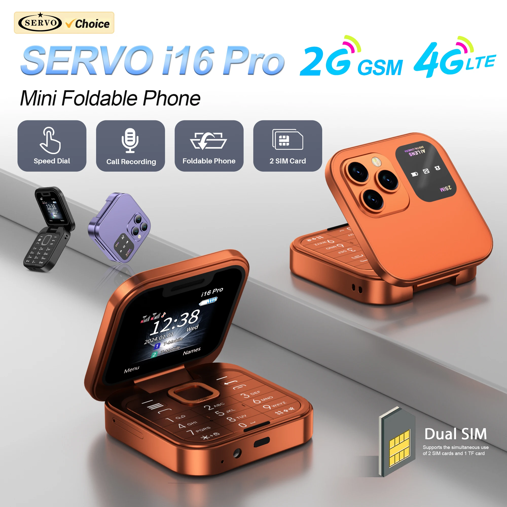SERVO i16 PRO 2G GSM/4G LTE Mini Flip Mobile Phone Dual SIM Standby Speed Dial Blacklist FM Radio Torch Small Foldable Cellphone