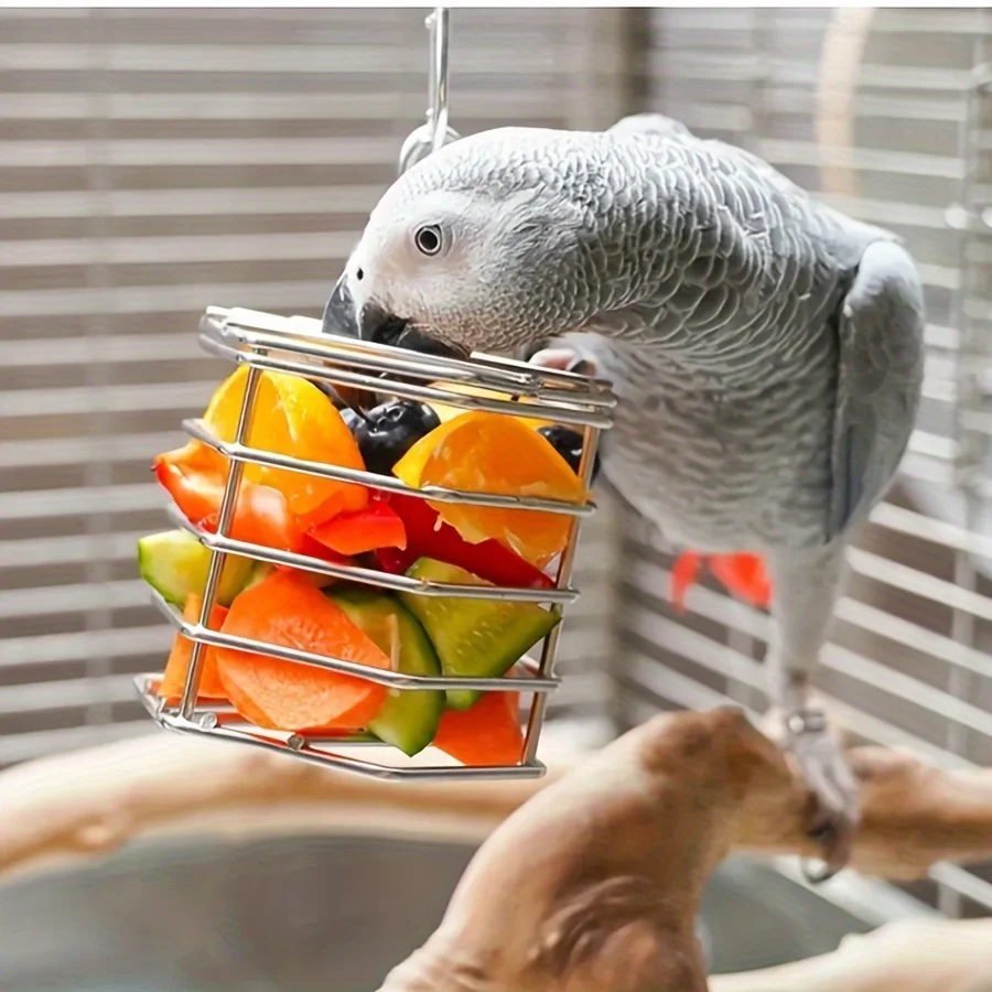 1 Stück Papageien-Futterkorb aus Edelstahl für Gemüse und Obst, Großer Papageien-Kaukorb, Puzzle-Training gegen Langeweile, Vogelzubehör B – Detail 5
