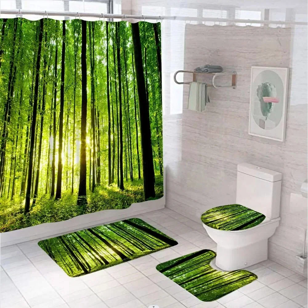

4 шт., набор занавесок для душа Misty Forest для декора ванной комнаты, шторы с тропическим деревом и ковриком для крышки унитаза и ковриком для ванной