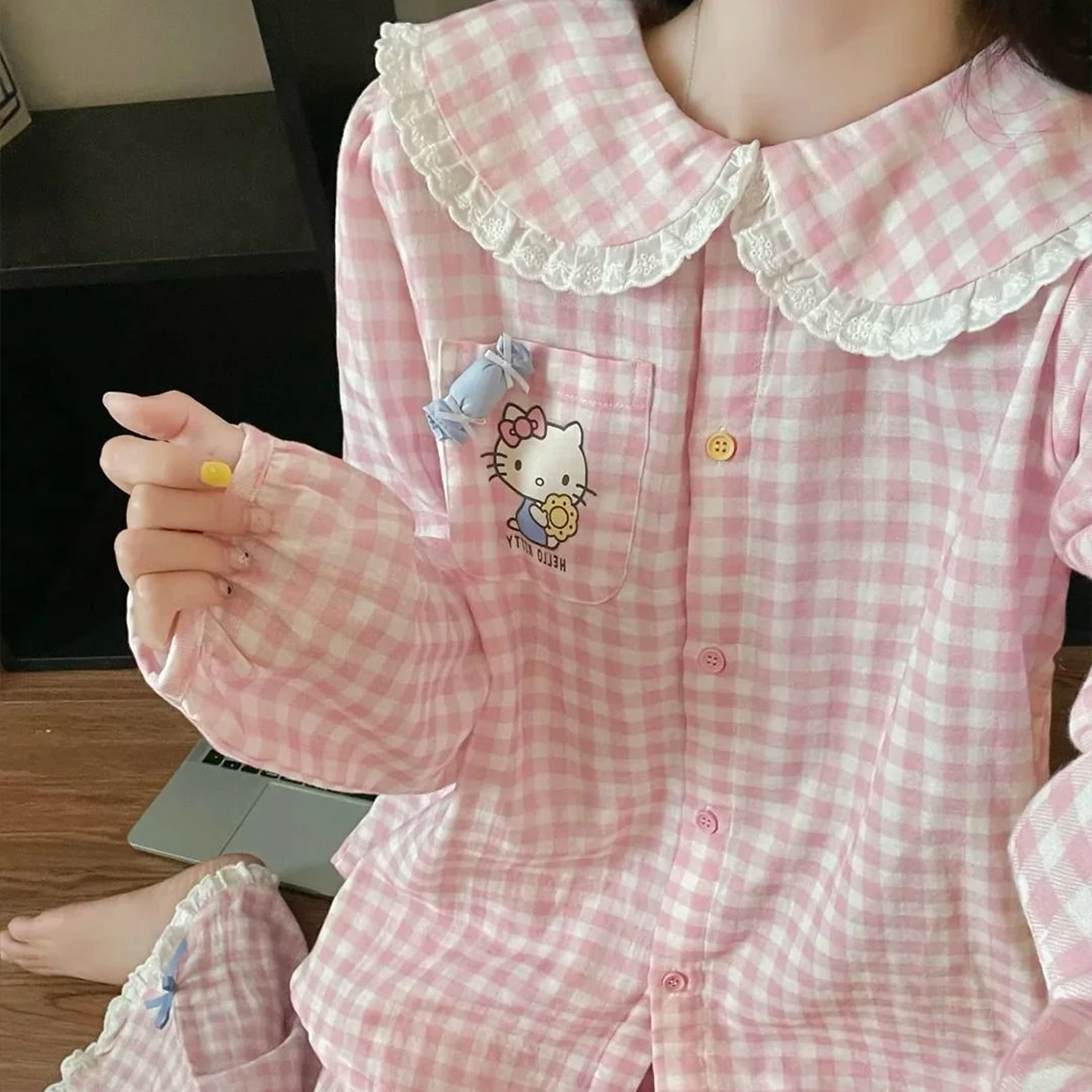 

New Kawaii Pink Hello Kitty Autumn Cotton Pajamas Set for Women 2025 Cartoon Long-Sleeved Pants Cute Sweet Girls Home Clothes