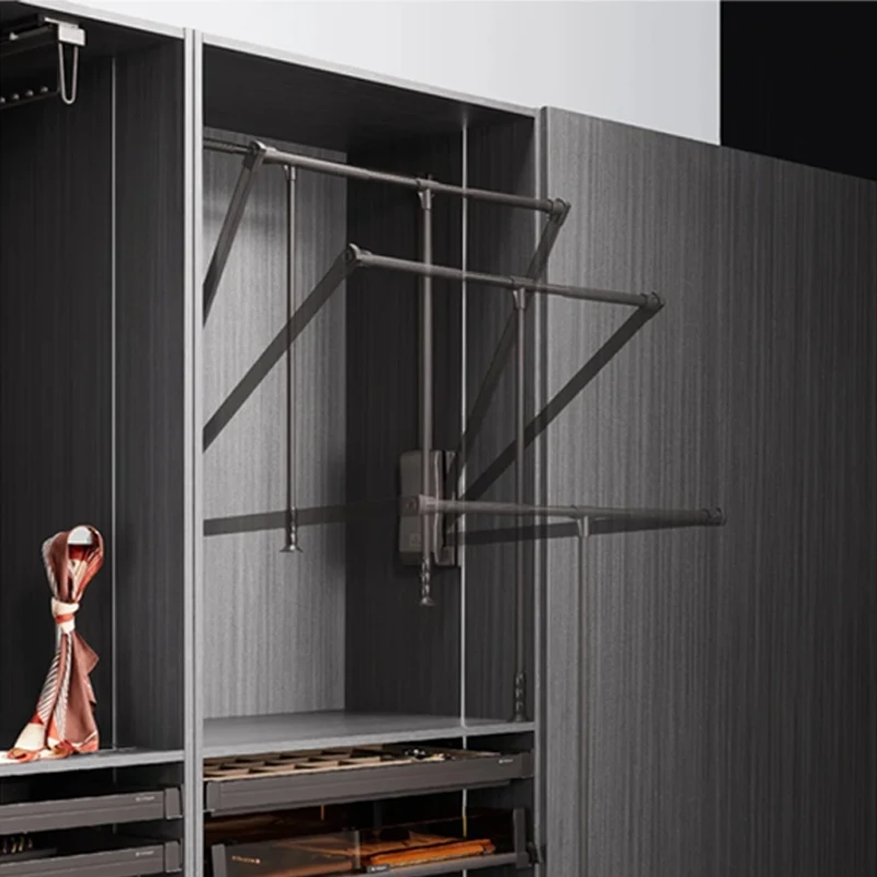 Pull Down Retractable Telescopic Clothes Hanging Rod With Smooth Buffer Drop And Lift System For Wardrobe Closet Home Use