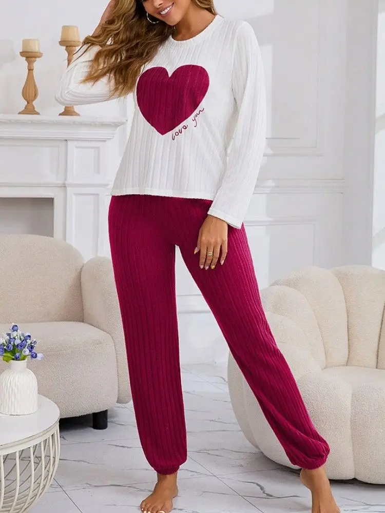Autumn Winter Sleepwear Women Pajamas Set Casual Heart Printed Long Sleeve Tops and Trouses Sets Homewear Loungewear