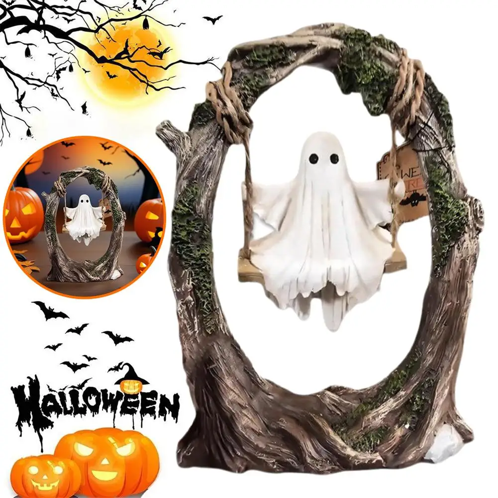 Ghost On A Tree Swing ฮาโลวีนน่ารัก Ghost Tree Swing ตกแต่งเรซิ่น Spooky รูปปั้นตกแต่งบ้านสําหรับโต๊ะ Windowsills