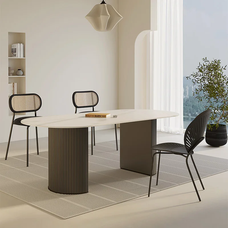 Nordic minimalist style, black rock slab dining table, oval dining table