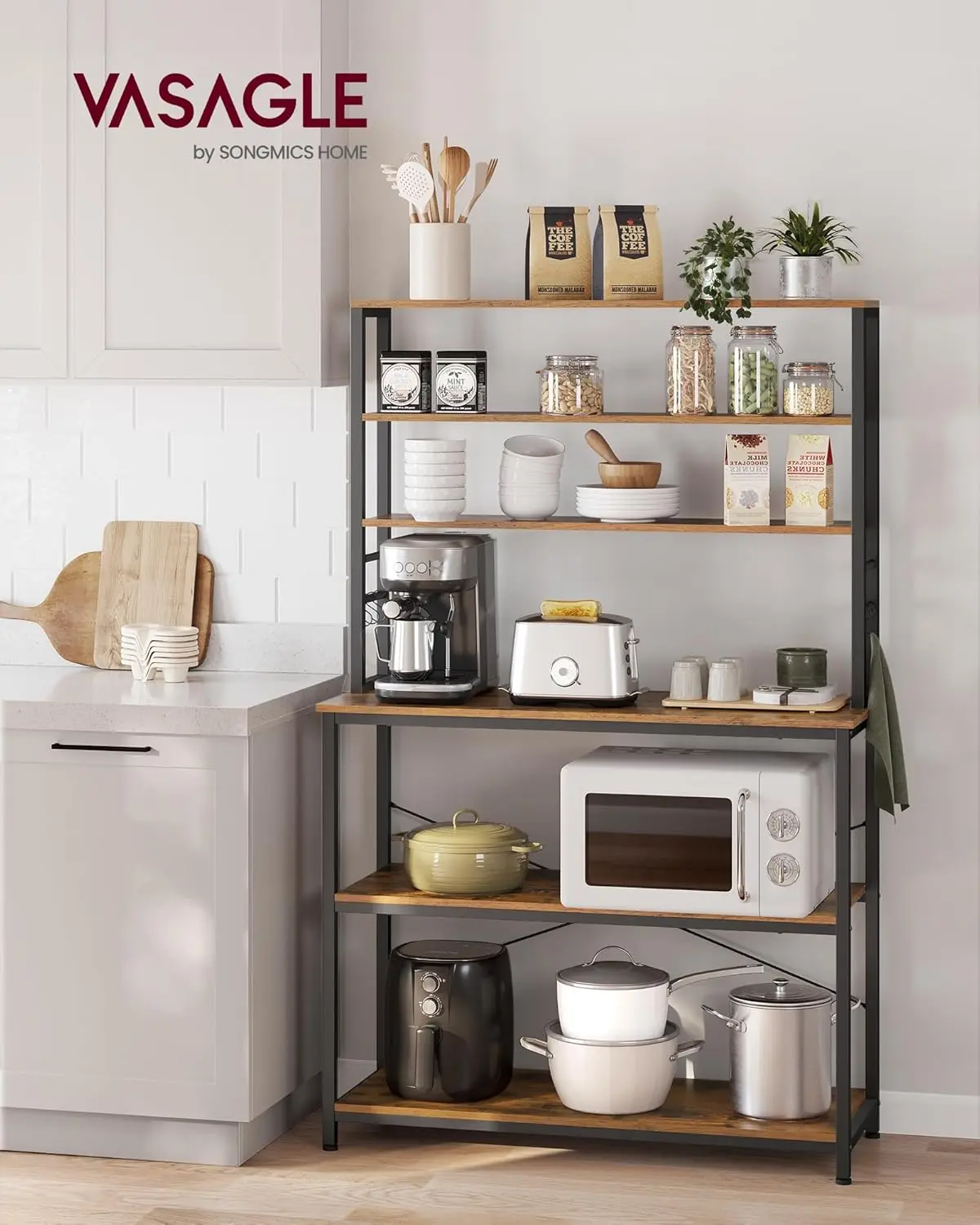 Coffee Bar, 39.4 Inches Baker's Rack for Kitchen with Storage, 6-Tier Kitchen Shelves with 6 Hooks, Microwave Stand