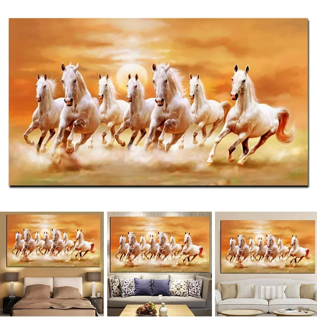 7 White Running Horses Canvas Painting Print Modern Wall Art Animal Poster Setting Sun Landscape Pictures Living Room Home Decor