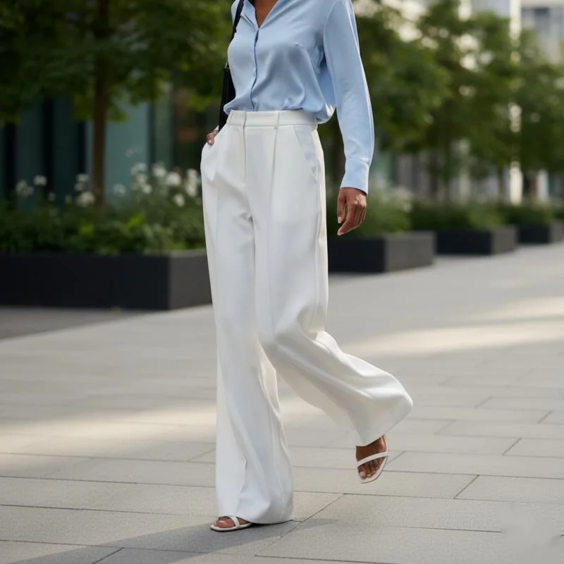 

Elegant High Waist Wide Leg Pants For Women's Spring Office Look Solid White Straight Trousers For Daily Work Or Casual Outfits