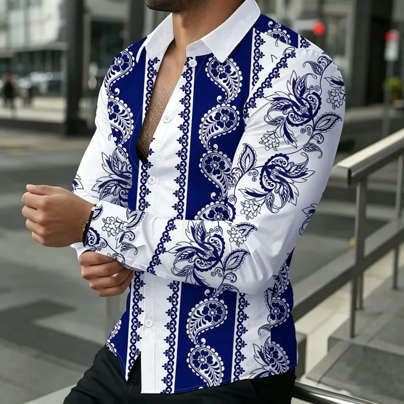 

2026 new men's shirt trend shirt blue and white contrasting cashew flower print breathable slim fit long sleeved business top