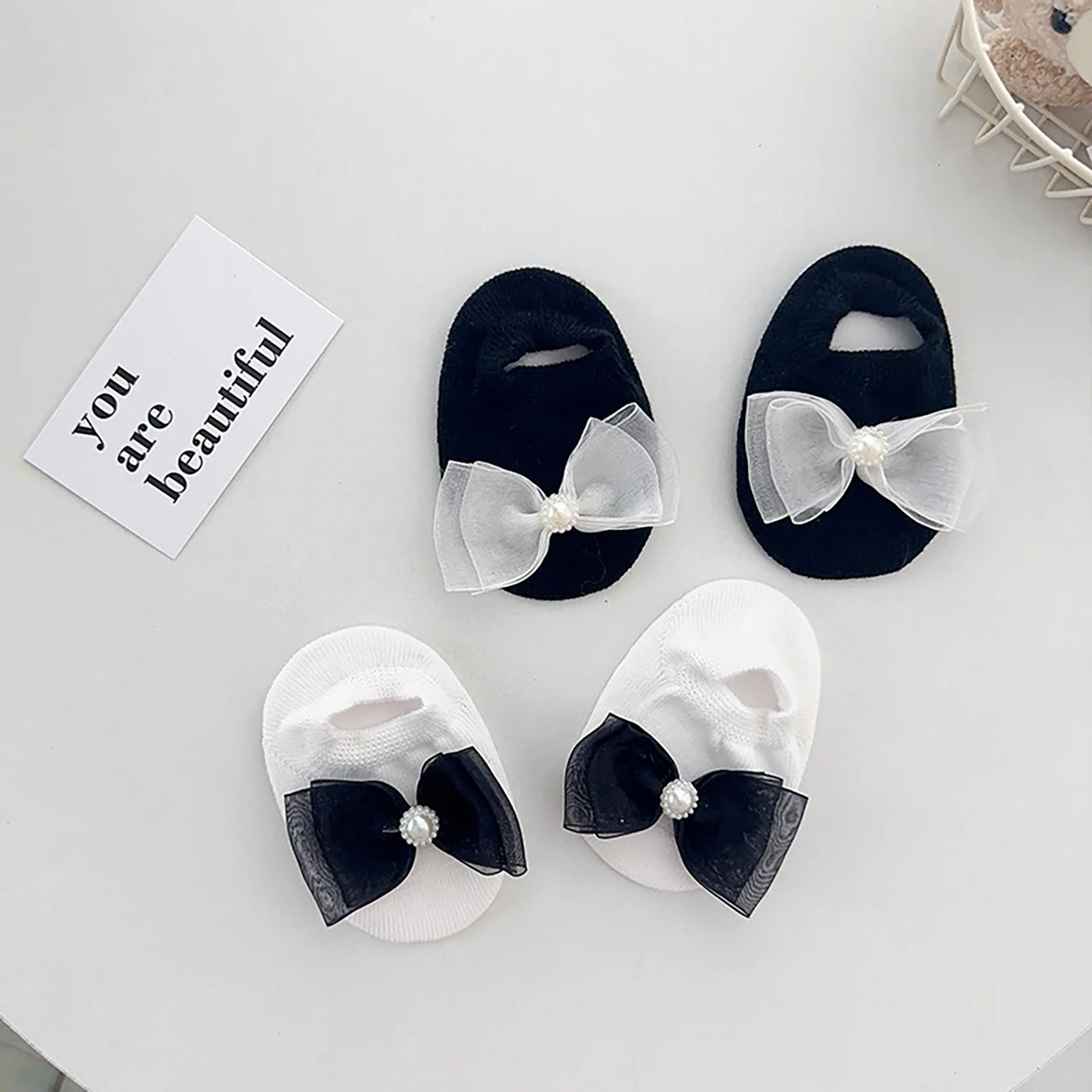 Mesh Bow Socks Princess Girls Boat Sock Sweet Pearls Bowknot Floor Socks 0-2Year Newborn Footwear Anti-Slip Baby First Walkers