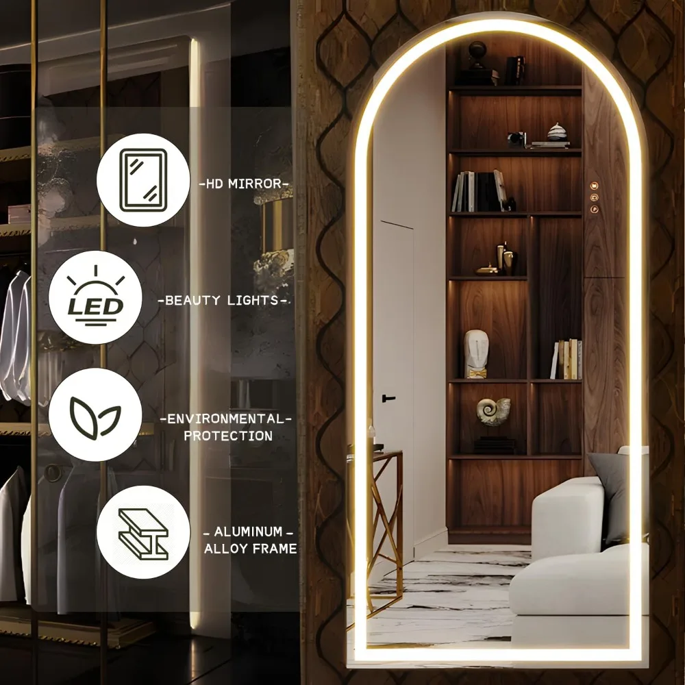 Arched Full Length Mirror, LED Full Body Light, Iluminado Piso Espelho, Wall Mounted e Vestir, Vanity Bedroom, 65 "x 24"