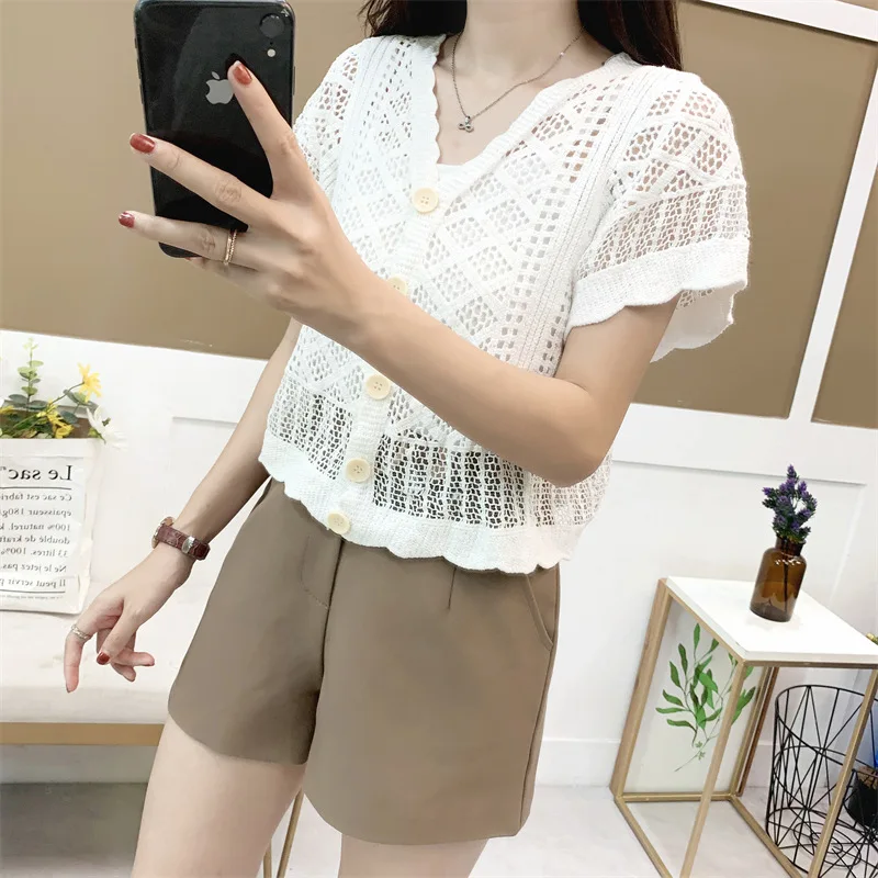 2024 New Spring and Summer V-neck Thin Hollow Figure Flattering Knit Cardigan Women\'s White Short Top