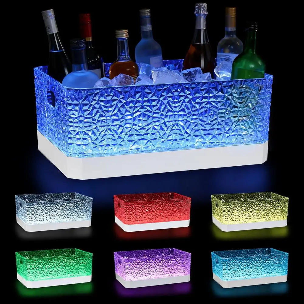

LED Light Up Plastic ice buckets or parties 15L large Clear beverage tub 7-color LED light ice buckets or Champagne r Cocktails