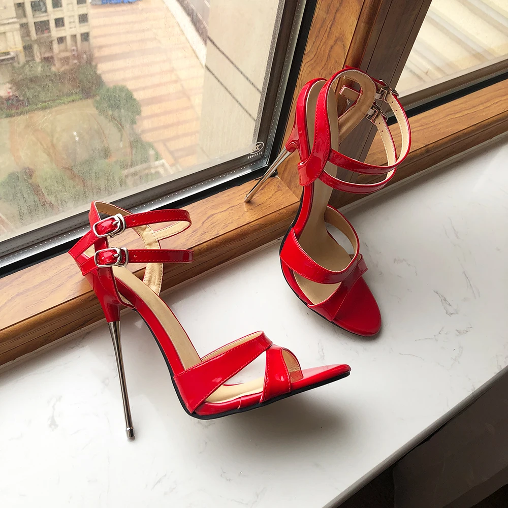 Tikicup 16cm Extremely High Heel Women Ankle Strap Red Stiletto Sandals Sexy Open Toe Summer Shoes Wide Leg Plus Size 35-46