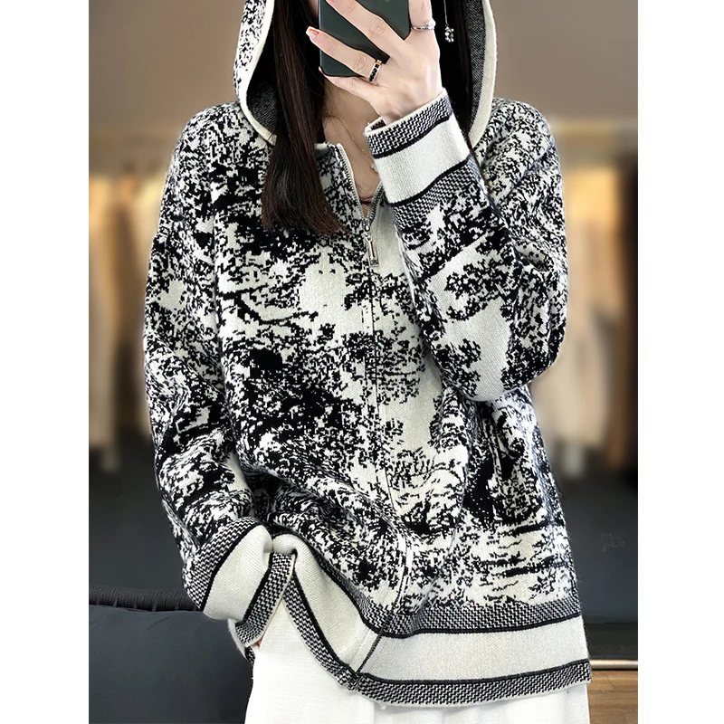 2023 Fall Winter New Wool Cardigan Women's Hooded Long Sleeve Printed 100% Pure Wool Loose Fashion Temperament Wool Cardigan Top