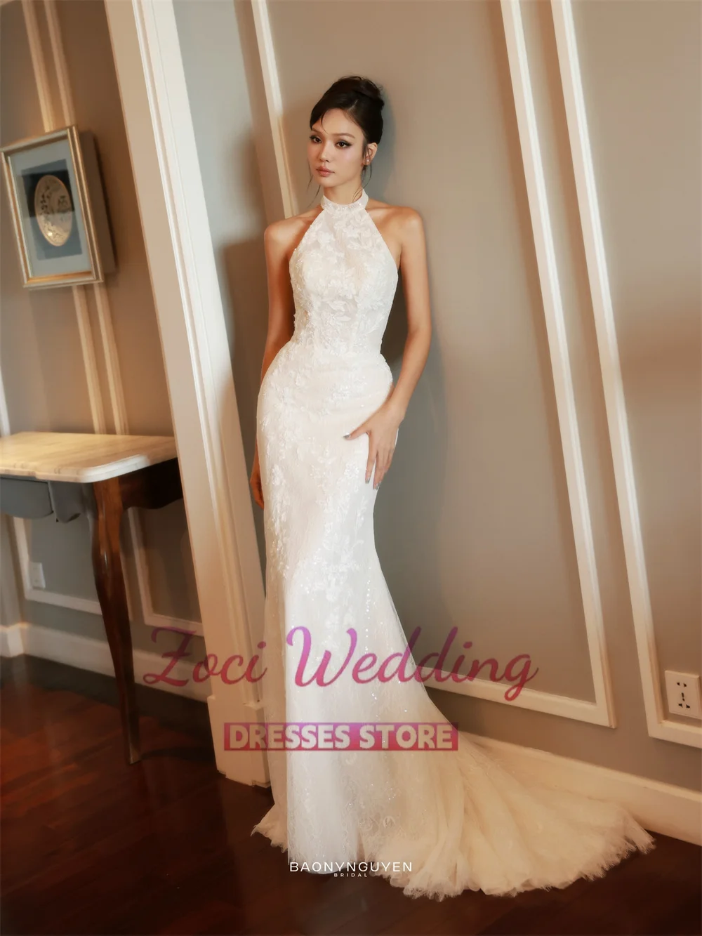Zoci Halter Lace Mermaid Korea Wedding Dresses Sleeveless Open Back Bride Dress Photo Shoot Long Train Customized Party Gown