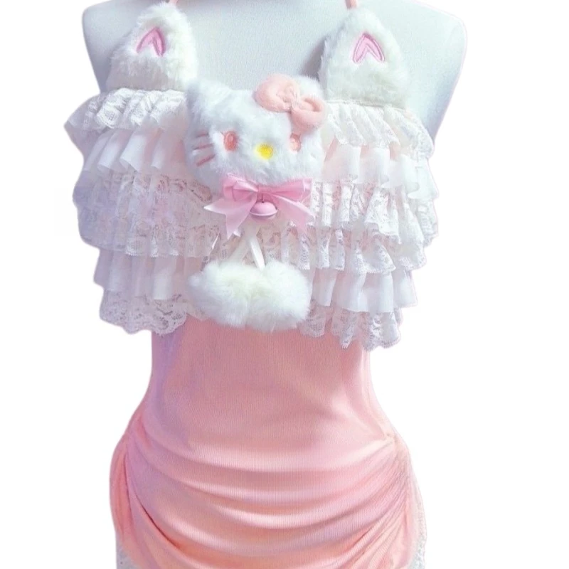 

New Sanrio Hello Kitty Cartoon Ins Sweet Hip Wrapping Dress with Concealed Belly Drawn Bow S Body Holiday Gift for Girls