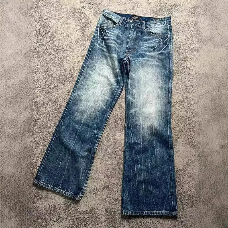 Men's Dark Blue Lightning Burst Pattern Baggy Jeans Casual Loose Washed Straight Micro Flare Denim Pants