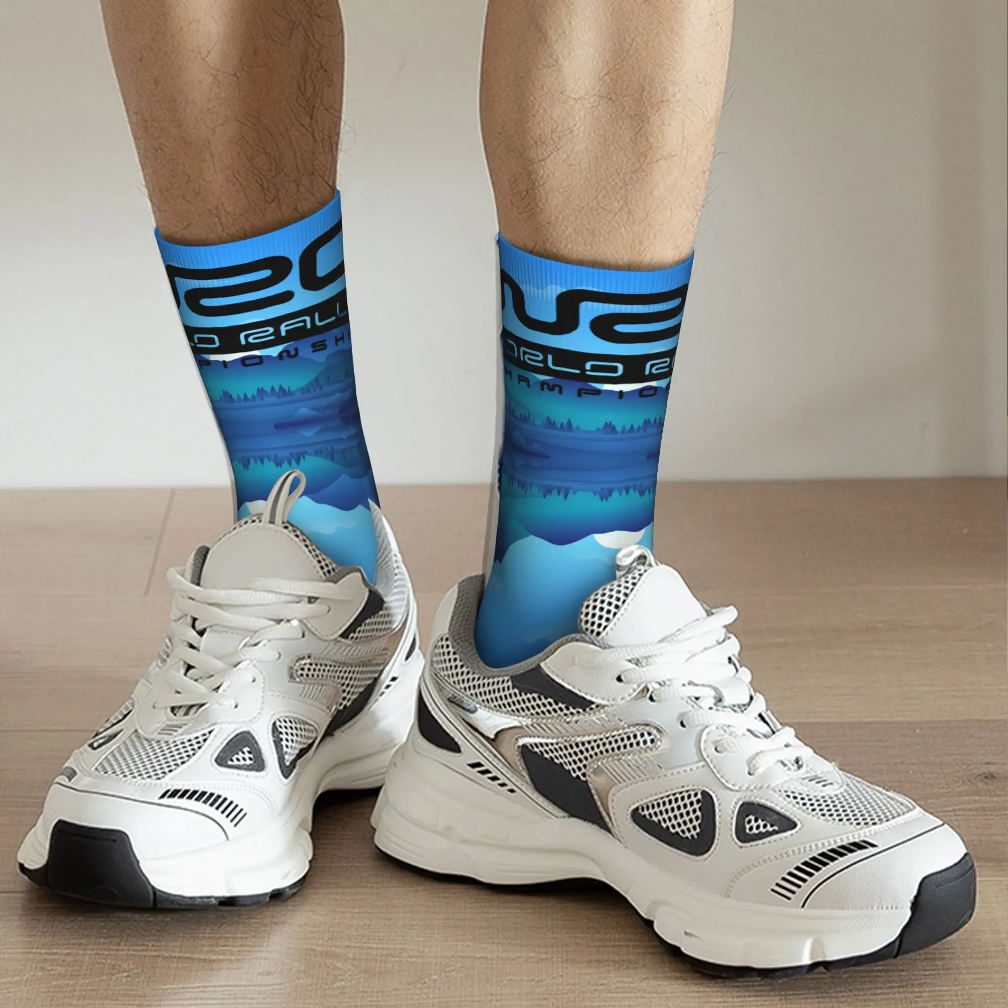 Benutzerdefinierte Motorrad Cross Racing Sonnenuntergang Berge Flüsse Kleid Socken Herren Damen warme Mode Neuheit Crew Socken