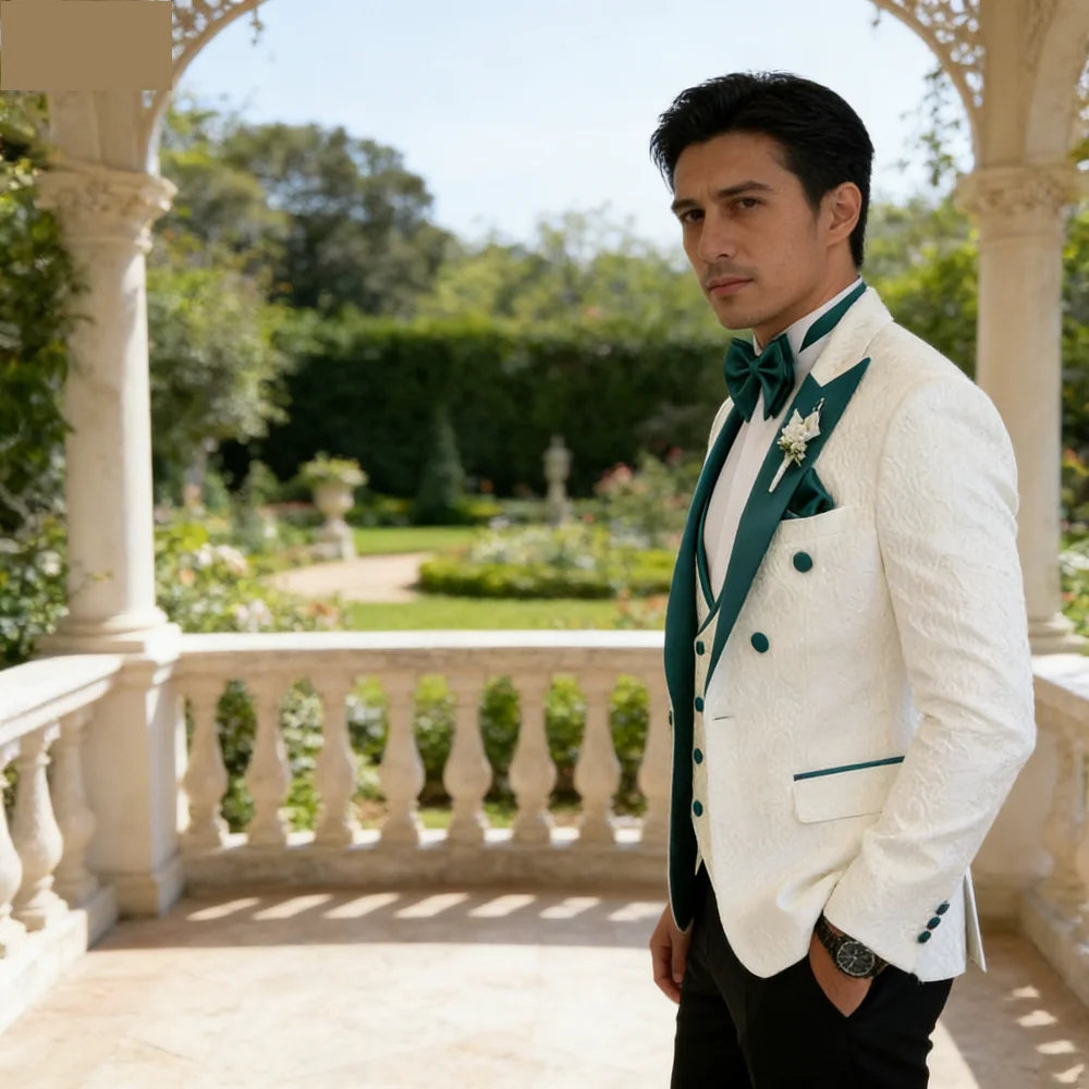 

Мужской свадебный смокинг с цветочным принтом, комплект из 3 предметов: двубортный пиджак с жилетом и пикообразными лацканами, модный костюм для жениха, мужская свадебная одежда