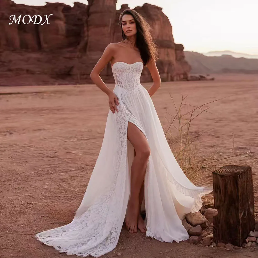 MODX Bohemian Strapless Lace Chiffon Wedding Dress with High Slit Beach Bridal Gown Flowy Skirt Destination Wedding Style Custom