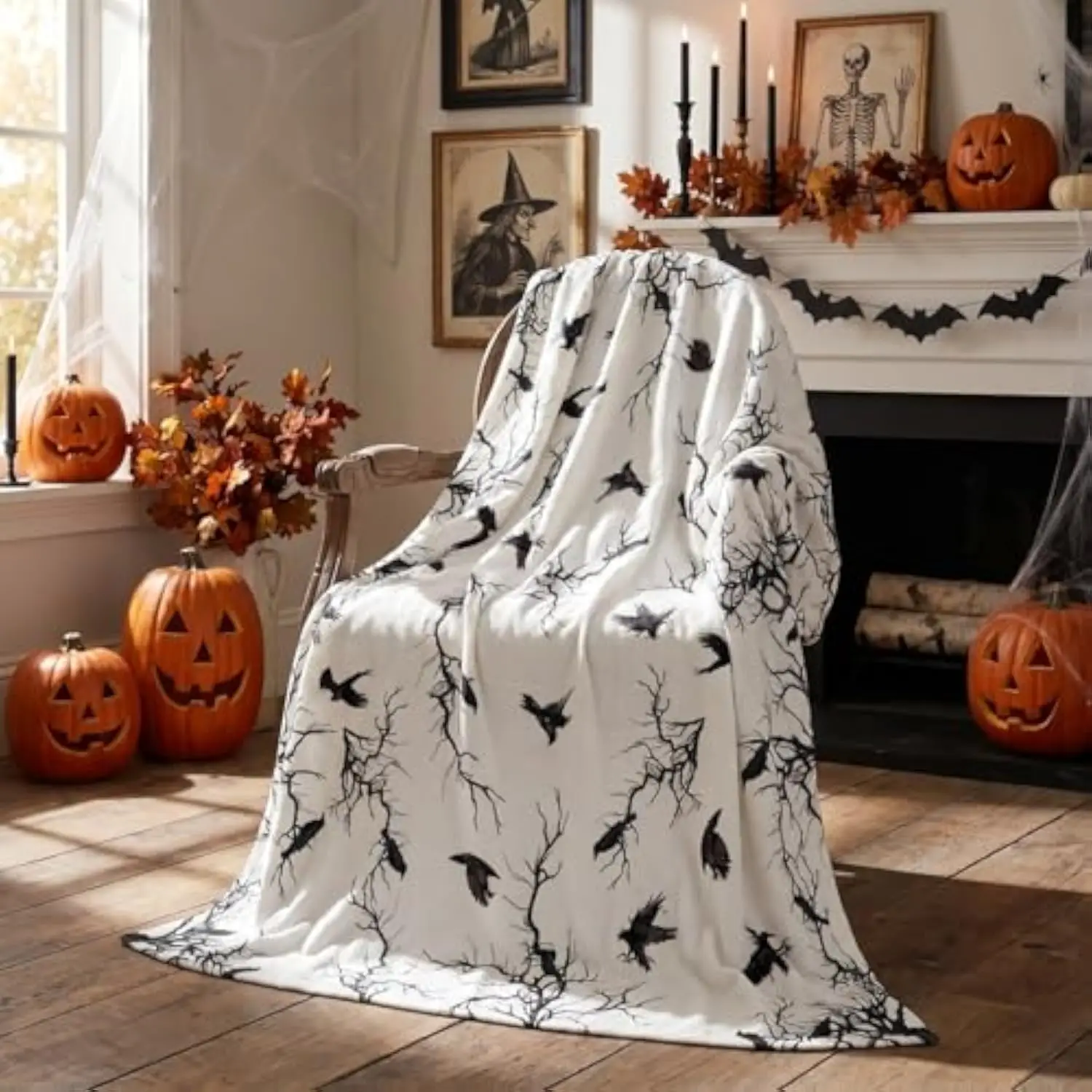 Halloween Crow Tree Flannel Throw Blanket