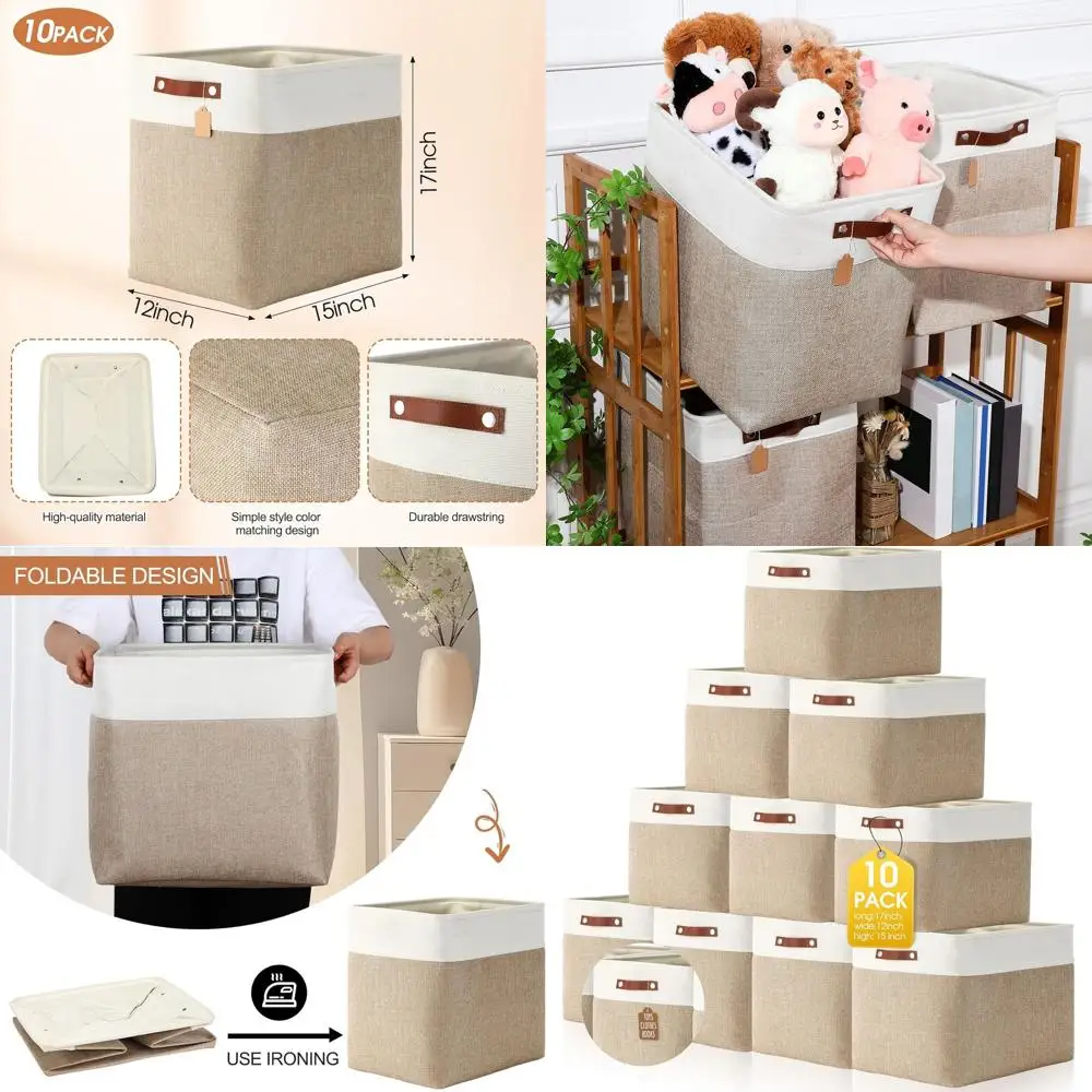 

Складные тканевые корзины для хранения с ручками, для дома, гардероба, детской, игрушек (43x38x30 см, бежево-белые)