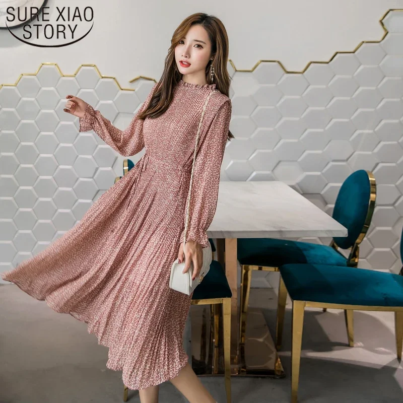 2024 Elegant Stand Collar Floral Print Chiffon Dress Full Sleeve Fashion Women Dresses Spring A-line Long Pleated Dress  3603 50