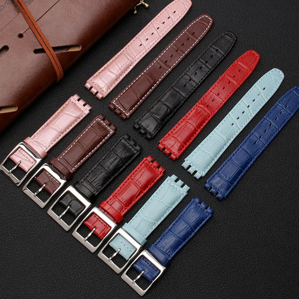 17mm 19mm Genuine Calf Leather Wrist Strap For Swatch Watch Band Men Women Alligator Pattern Bracelet Watchband Accessories