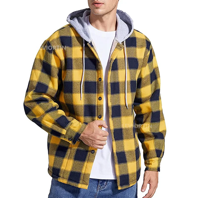 Men\'s Flannel Shirts Jacket Fleece Lined Plaid Coat Button Up Shirt Hoodie Winter Outwear