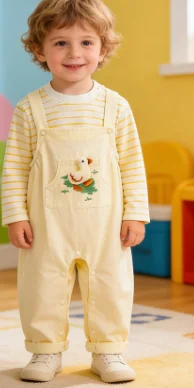 

Детский весенне-осенний костюм: полосатый топ и брюки на бретелях, комплект из двух предметов, модная и милая одежда для прогулок с утятами