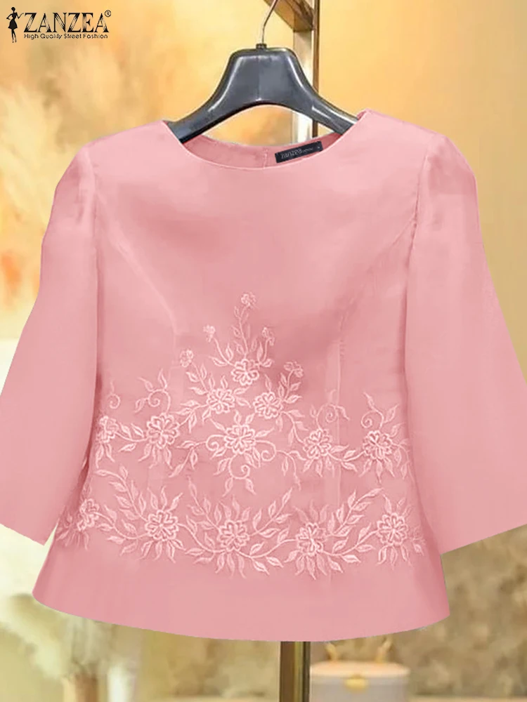 Vintage Tops Driekwart Tuniek Vrouwen Geborduurde Blouse ZANZEA 2025 Elegante Stijl Blusas Gedrukt Zomer O Hals Trui Baggy