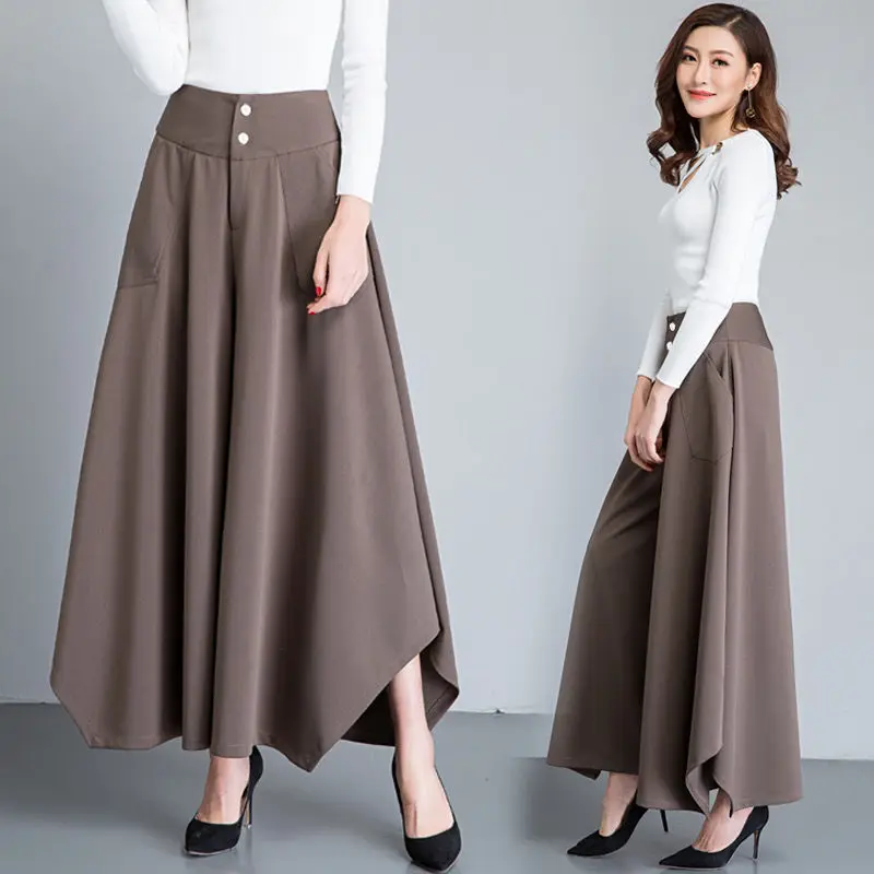 2022 Spring Simplicity Buttons Solid Color High Waist Wide Leg Pants Ladies Fashion Irregular Trousers Women's Ninth Pants