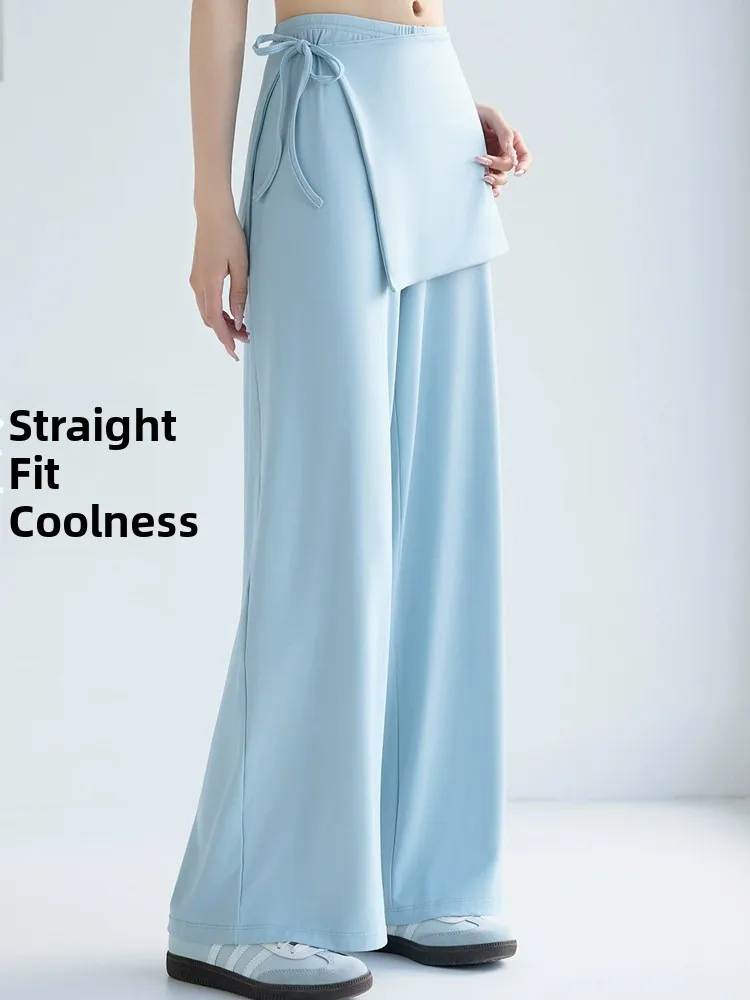 

Новинка 2025, женские брюки для йоги из овчины, высокая талия, ледяной шелк, тонкие прямые брюки, свободная юбка, летние брюки для фитнеса