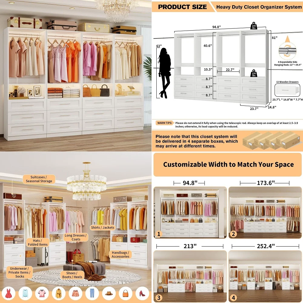 

Wardrobe Closet with 3 Doors, Bedroom Armoire with Mirror, LED Light, 4 Drawers and Hanging Rod, Large Capacity Storage Closet