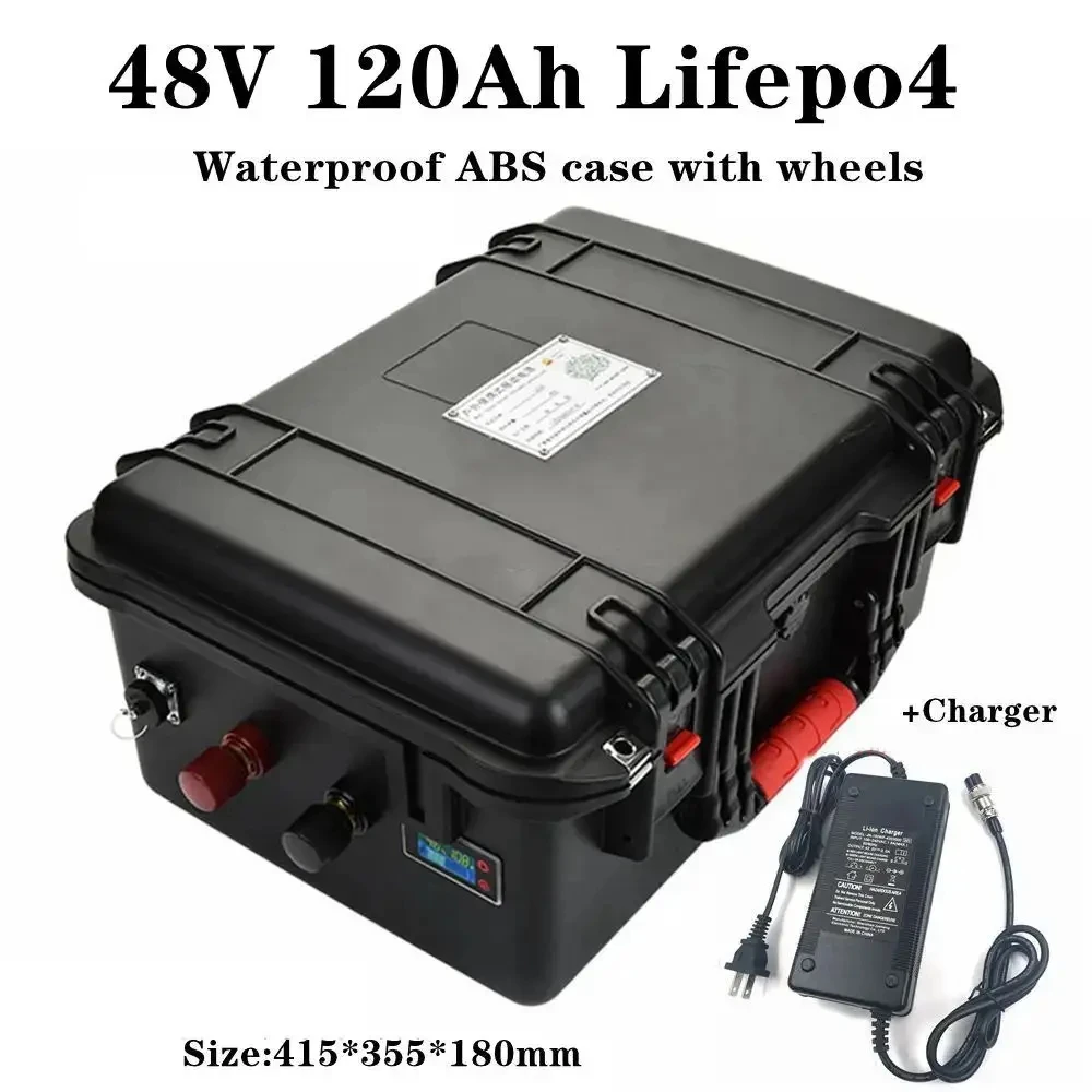 

waterproof 48V 120Ah Lifepo4 lithium battery BMS Wheeled trolley case for 7200W Scooter Tricycle mower boat + 10A charger