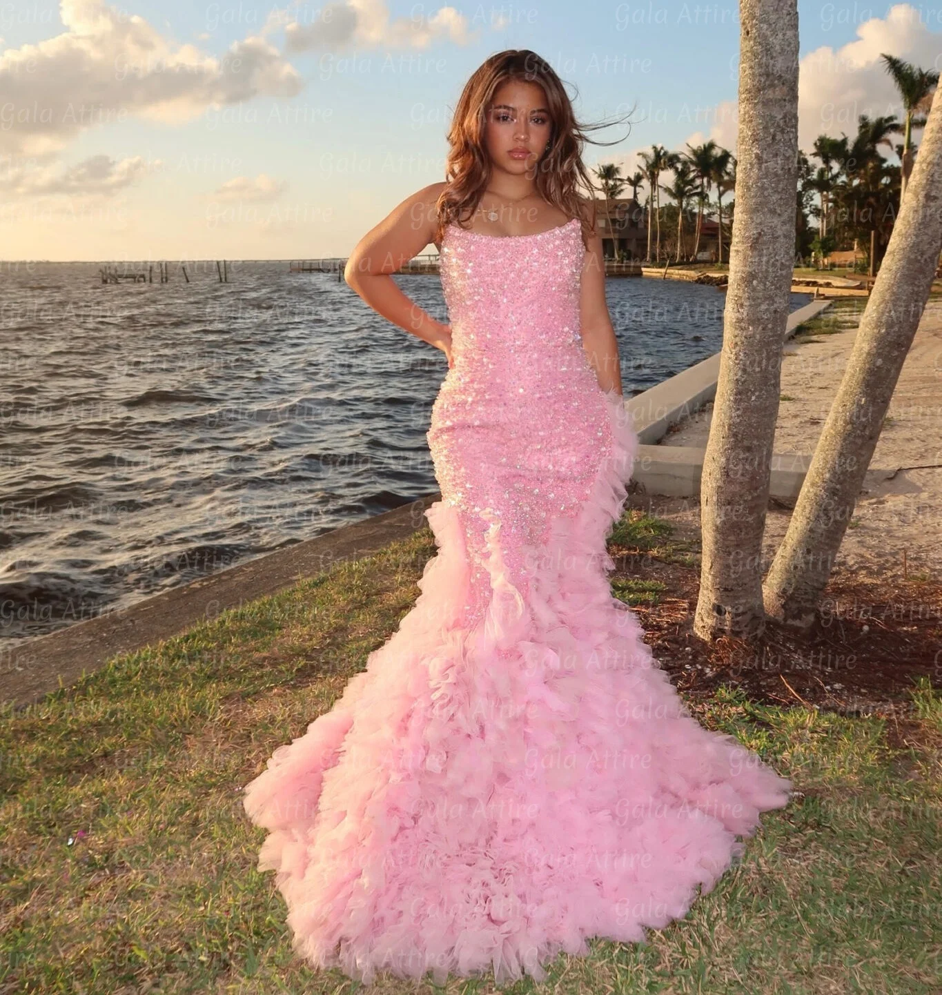 Gala Attire Sweet Pink Prom Dresses Crystal Sequins Mermaid Girl Graduation Birthday Party Gowns Ruffle Tulle Met Gala Customize