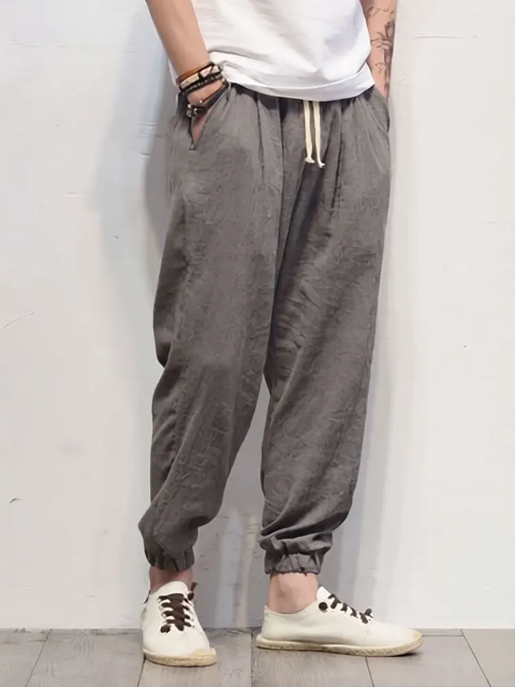 

Хлопковые льняные брюки для бега, мужские весенне-летние брюки-чиносы, широкие свободные легкие тонкие спортивные штаны, мужские пляжные повседневные брюки