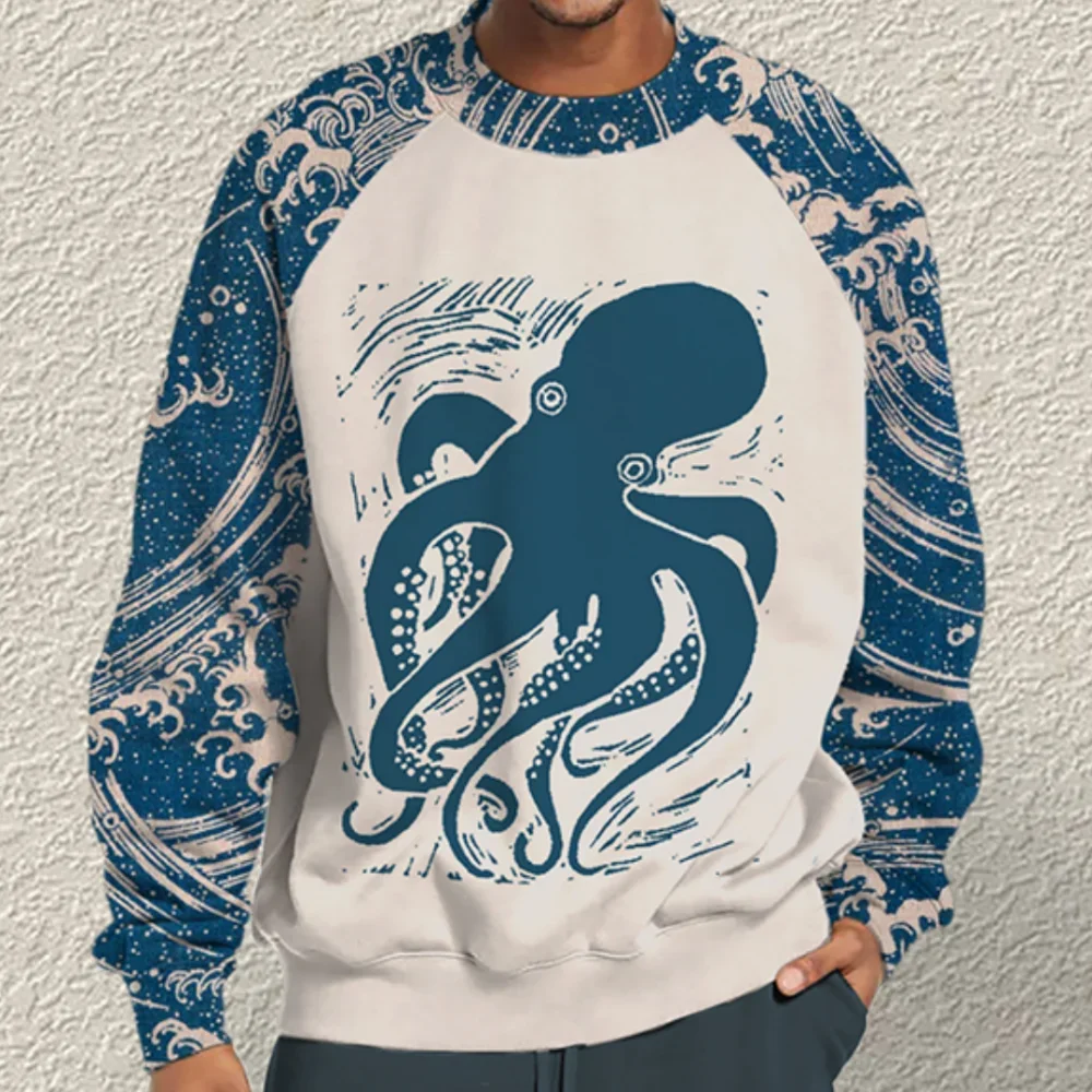 

Japanese Ukiyoe Men's Long Sleeve Tops Autumn Octopus Pattern Clothing Oversized Round Neck Pullover 2024 Men's Sweatshirt