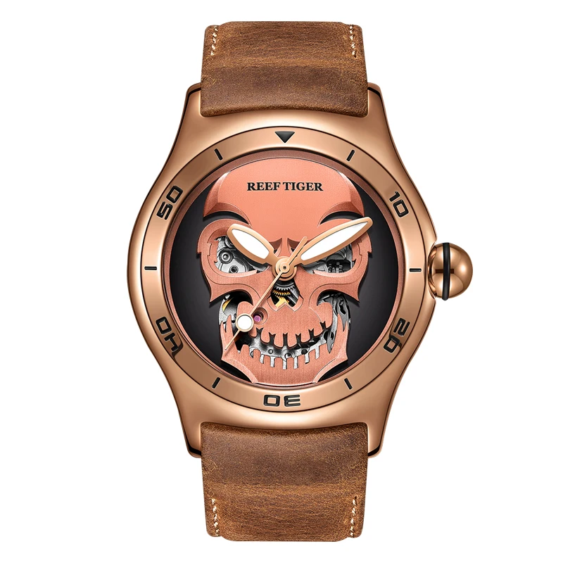 Reef Tiger/RT Steel Waterproof Mens Skull Skeleton Watches Top Brand Luxury Mechanical Sport Leather Male Watch RGA70S7