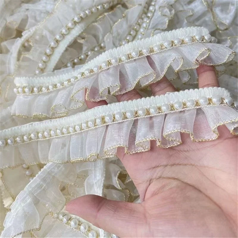 4CM Wide Luxury Pleated Chiffon Glitter Beaded Fringed Ruffle Lace Fabric Collar Trim Wedding Dress Guipure DIY Sewing Decor