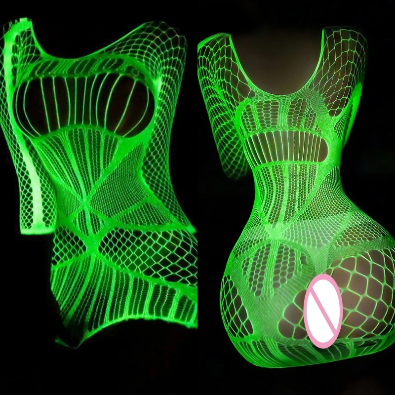 Glow In The Dark Full Body Fishnet Tights For Women High Elastic Crotchless Bodysuits Fantasias Lingerie Luminous Bodystockings