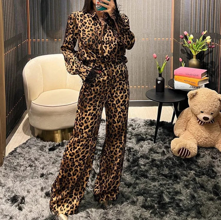 

Feather Splicing Long Sleeve Shirts And Long Trouser 2 Piece Set Leopard Print Streetwear Summer Outfits Fahsion Top + Pants Set