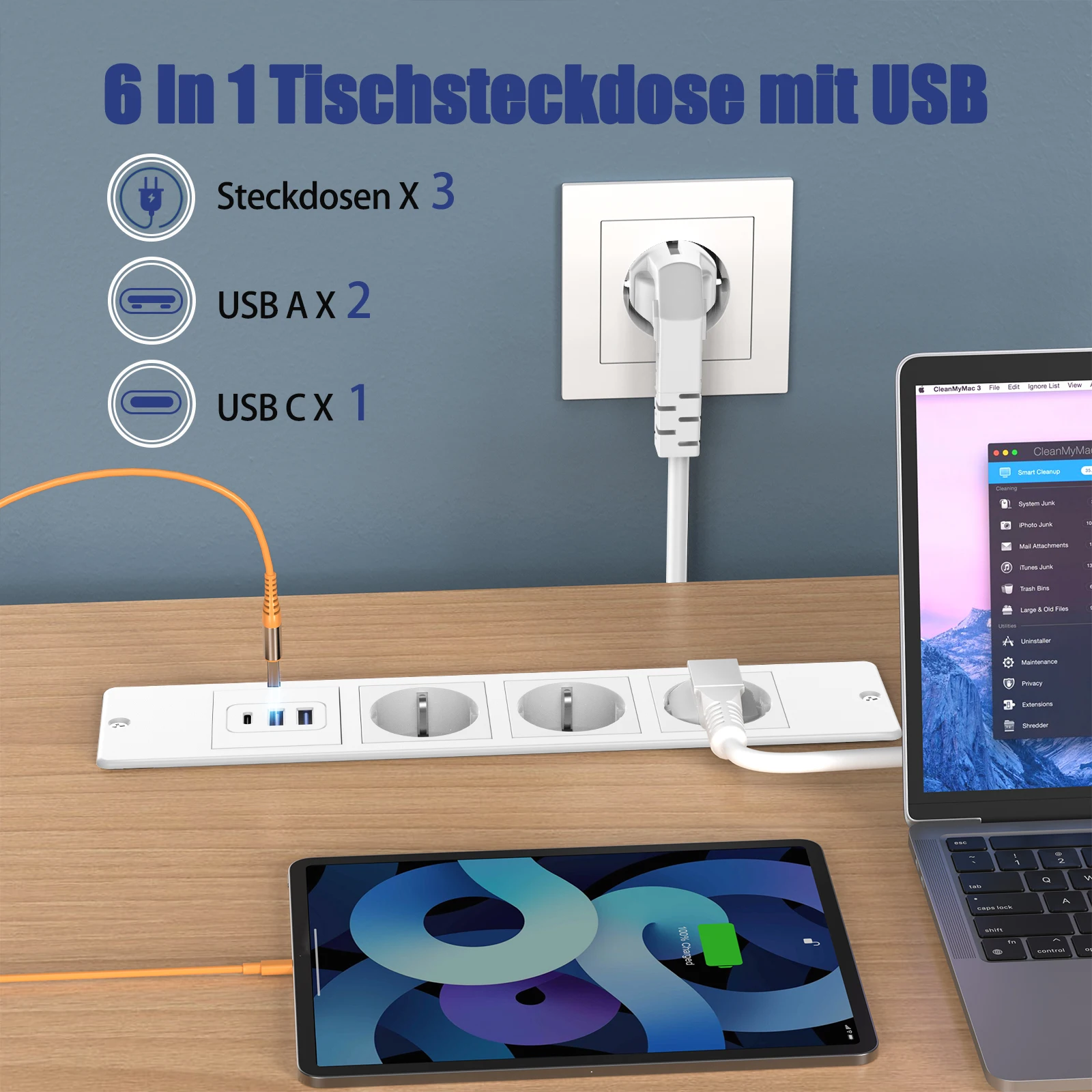 Eu plug Desktop built-in power board 2 USB A and 1 Type-C charging port Power adapter 2M extension cable Hidden socket PD20W