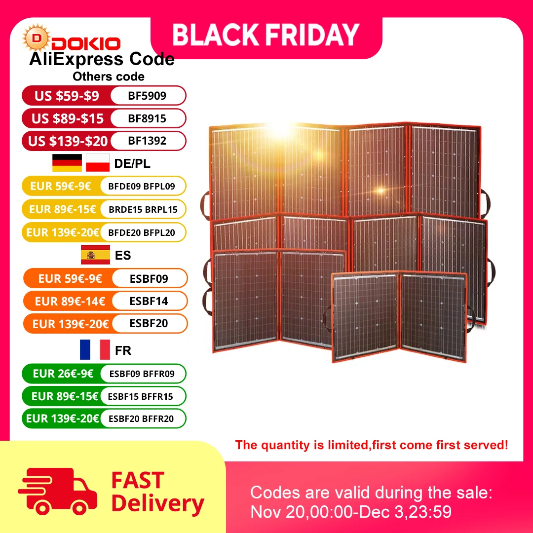 DOKIO Panneau Solaire Pliable 18V Panneau Solaire Portable Panneau Solaire Flexible Avec Chargeur For Camping/Maison/Randonnée/Batterie Lithium 12V/Téléphone 80-295W Kit Panneau Solaire