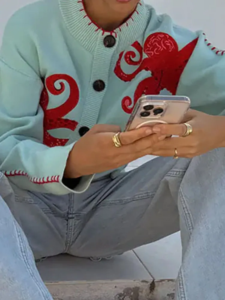 

Pattern Print O-neck Long Sleeved Sweaters Women's Casual O-neck Button Design Cardigan Office Fashion Autumn Knitted Sweaters