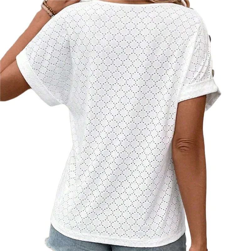 

Женская футболка с вышивкой и люверсами, женская летняя повседневная футболка с v-образным вырезом, модная свободная блузка